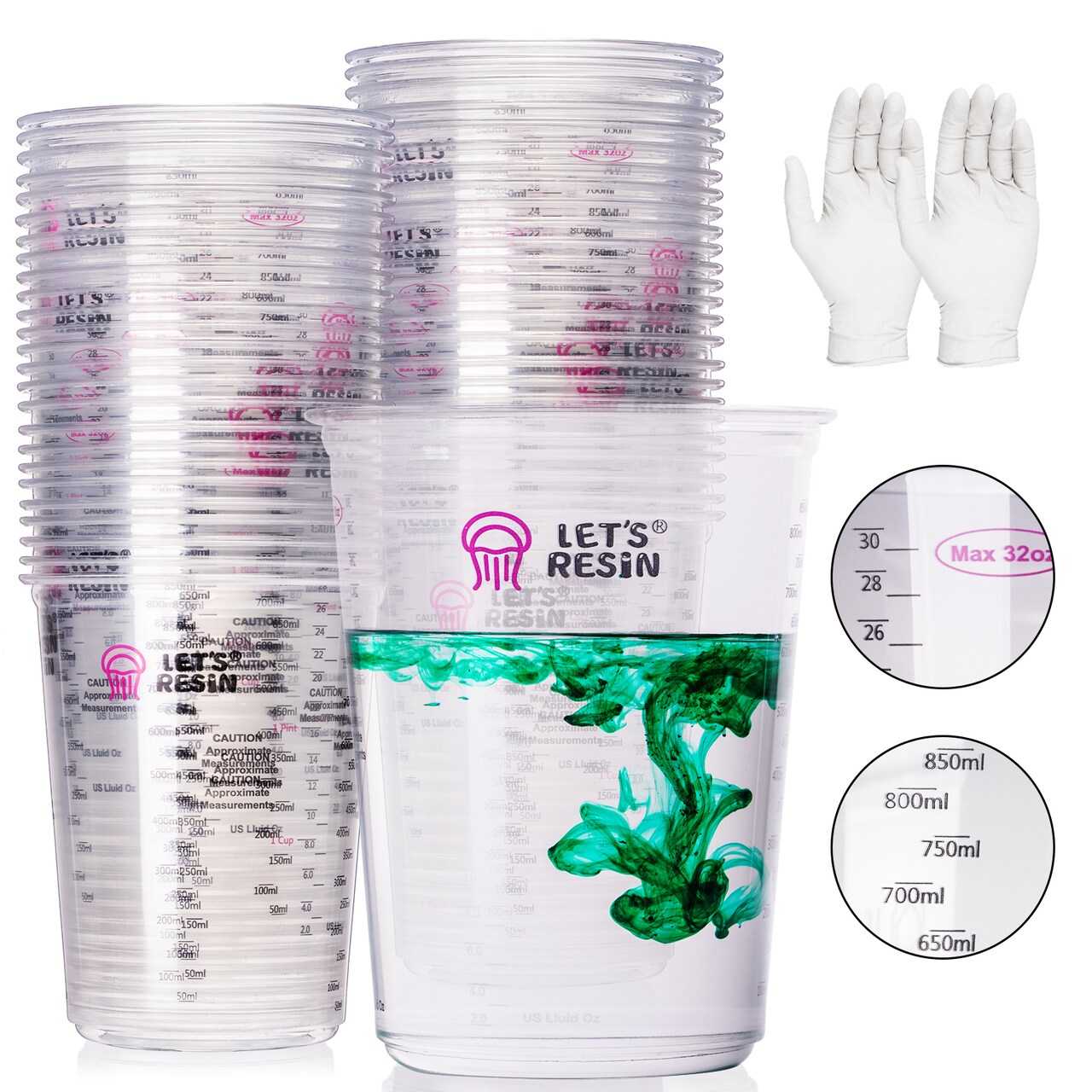 LET'S RESIN Resin Mixing Cups, 50pcs 32oz(1000ml) 2 Scales Accurate Paint Mixing Cup with Protective Gloves, Sturdy & Thick Disposable Measuring Cups for Paint, LET'S RESIN Auto Mixer